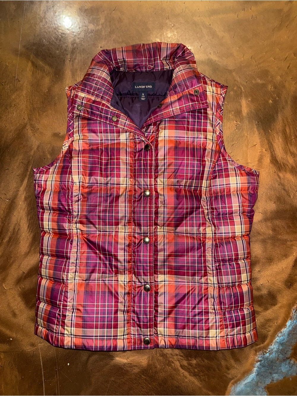 Lands' End Women's Pink Plaid Puffer Vest Size Small